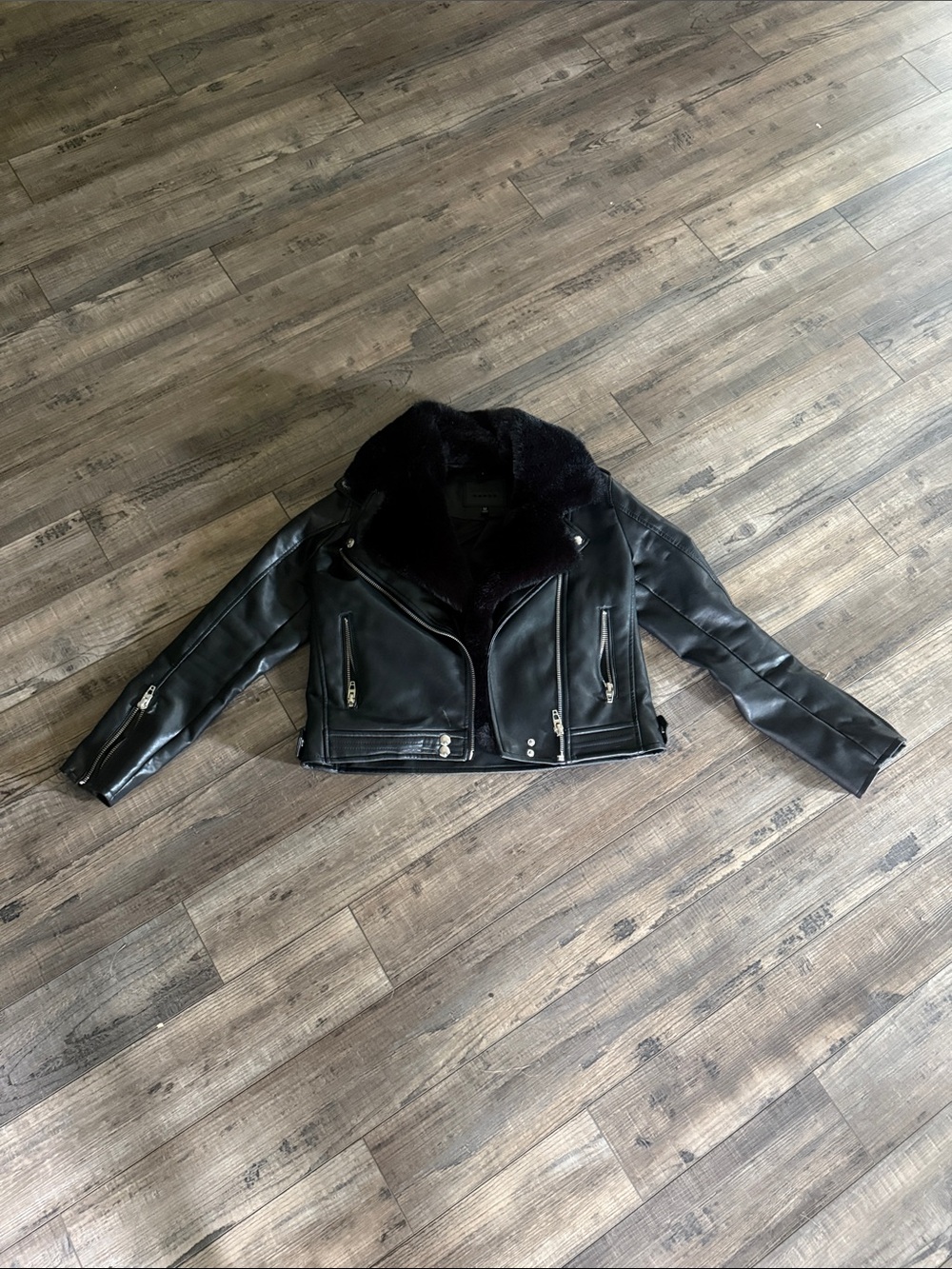 Black Faux Leather Moto Jacket with Faux Fur Collar